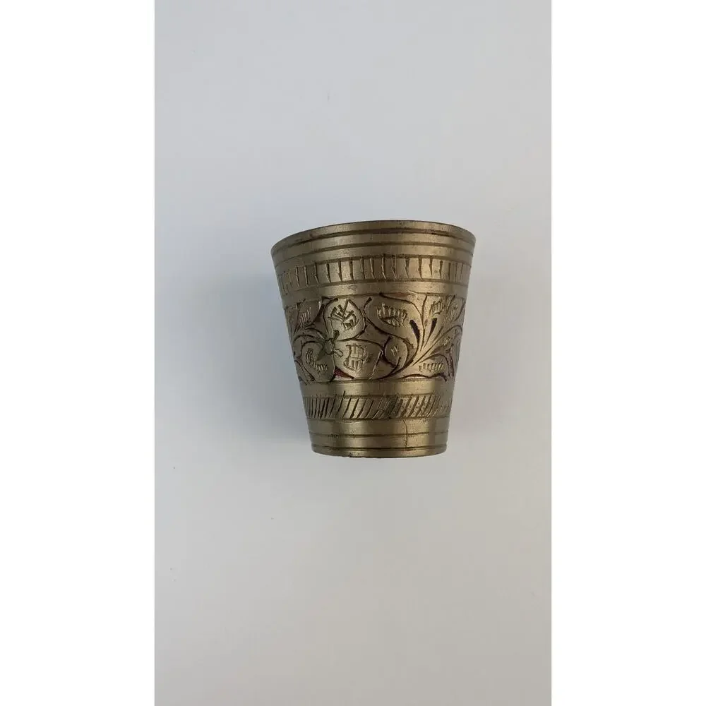 Vintage Brass Shot Glasses Set of 2 Etched Floral Metal Cups India Barware